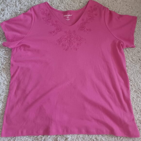 Woman Within Plus Size 22/24 Pink Embroidered V-Neck Tee Shirt Cotton Blend - Picture 1 of 5